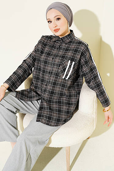 Omuz Şeritli Ekoseli Gömlek Siyah - Gömlek