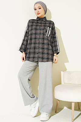 Omuz Şeritli Ekoseli Gömlek Siyah - Gömlek