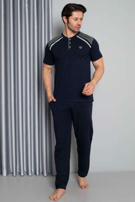 Omuz Şeritli Kısa Kol Erkek Pİjama Takımı Lacivert Füme 