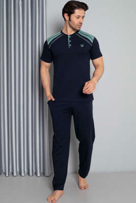 Omuz Şeritli Kısa Kol Erkek Pİjama Takımı Lacivert Yeşil 