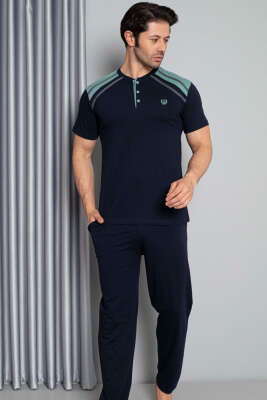 Omuz Şeritli Kısa Kol Erkek Pİjama Takımı Lacivert Yeşil - Kadın Pijama Takımı