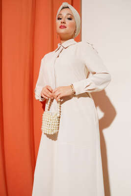 Omuz Taş Detaylı Elbise Bej - Tesettür Elbise