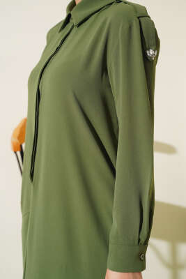 Omuz Taş Detaylı Elbise Haki - Tesettür Elbise