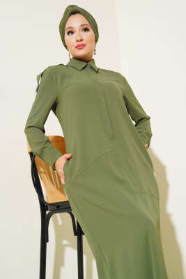 Omuz Taş Detaylı Elbise Haki - Tesettür Elbise
