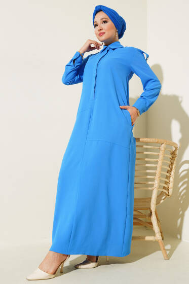 Omuz Taş Detaylı Elbise Mavi - Elbise