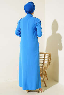 Omuz Taş Detaylı Elbise Mavi - Tesettür Elbise