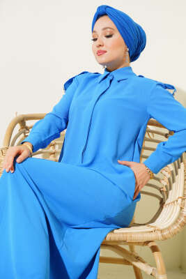 Omuz Taş Detaylı Elbise Mavi - Tesettür Elbise