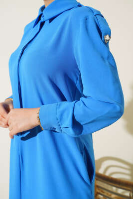 Omuz Taş Detaylı Elbise Mavi - Tesettür Elbise