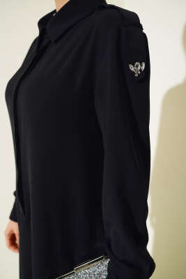 Omuz Taş Detaylı Elbise Siyah - Tesettür Elbise