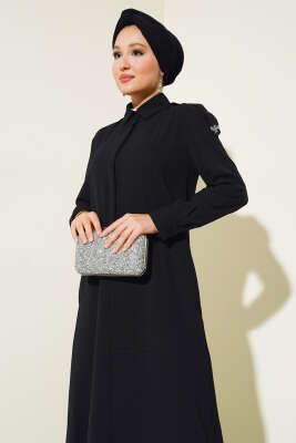 Omuz Taş Detaylı Elbise Siyah - Tesettür Elbise
