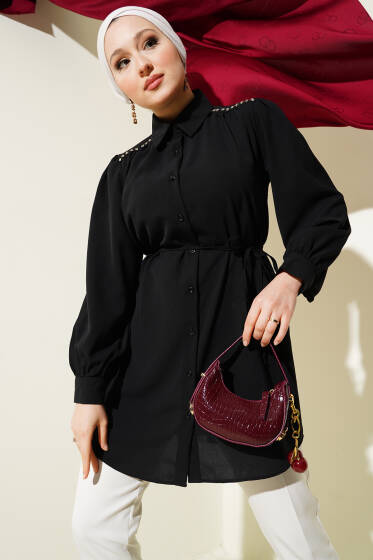 Omuz Taş Detaylı İp Kuşaklı Gömlek Siyah - Gömlek