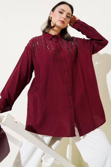 Omuz Taş Şeritli Gömlek Bordo - Gömlek