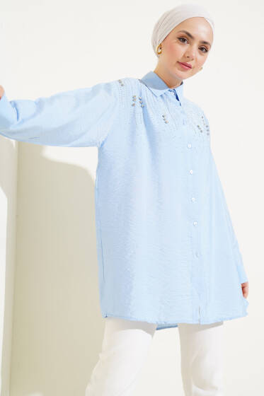 Omuz Taş Şeritli Gömlek Buz Mavisi - Gömlek