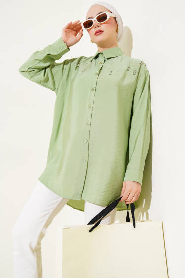 Omuz Taş Şeritli Gömlek Çağla Yeşili - Gömlek
