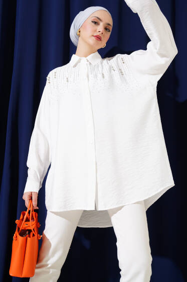 Omuz Taş Şeritli Gömlek Ekru - Gömlek