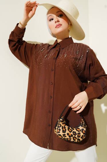 Omuz Taş Şeritli Gömlek Kahve - Gömlek