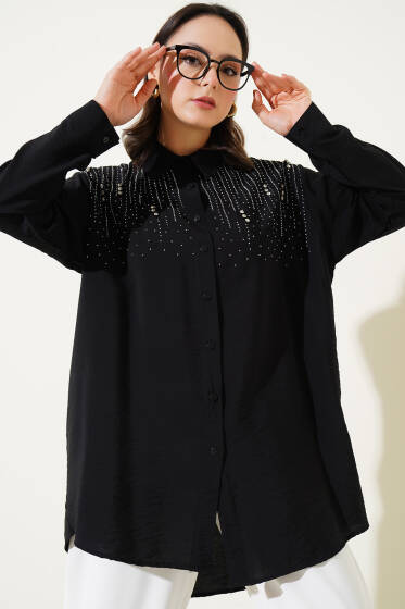 Omuz Taş Şeritli Gömlek Siyah - Gömlek