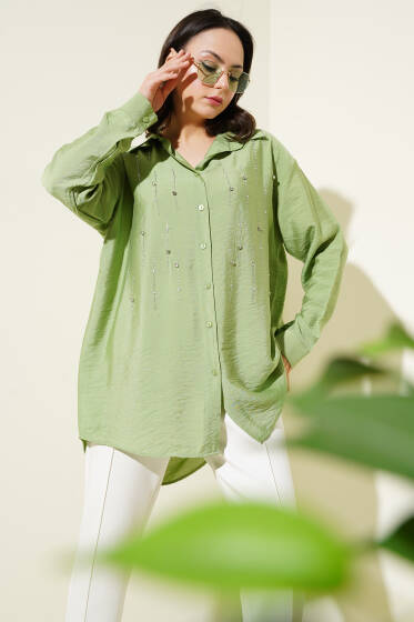 Omuz Taş Sıralı Gömlek Çağla Yeşili - Gömlek