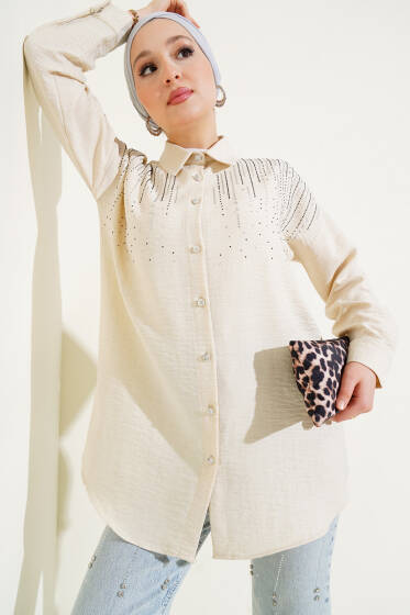 Omuz Taş Süslemeli Gömlek Bej - Gömlek
