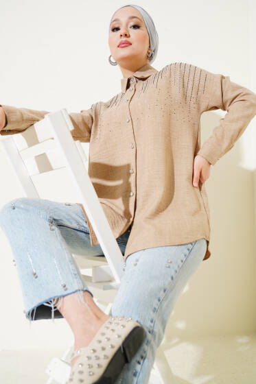 Omuz Taş Süslemeli Gömlek Camel - Gömlek