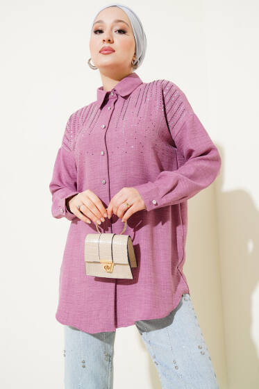 Omuz Taş Süslemeli Gömlek Gül Kurusu - Gömlek