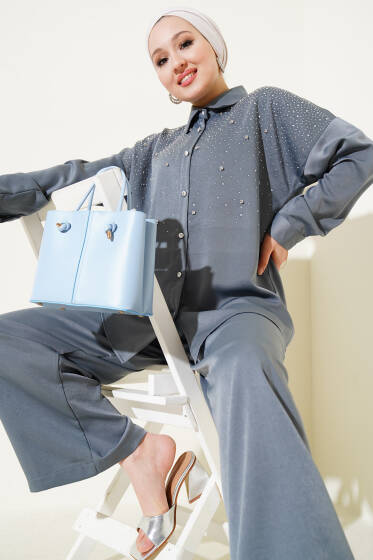 Omuz Taş Süslemeli Tunik İkili Takım Füme - İkili Takım