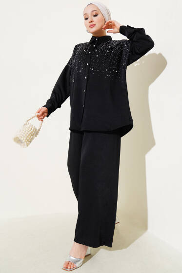 Omuz Taş Süslemeli Tunik İkili Takım Siyah - İkili Takım
