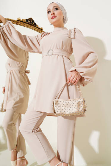Omuz Taşlı Balon Kol İkili Takım Bej - İkili Takım