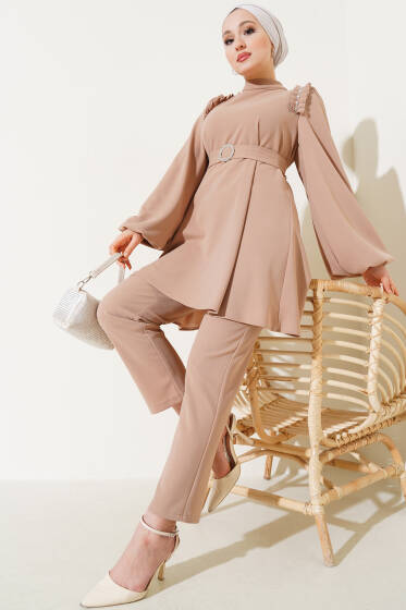 Omuz Taşlı Balon Kol İkili Takım Camel - İkili Takım