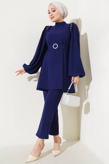 Omuz Taşlı Balon Kol İkili Takım Lacivert - İkili Takım