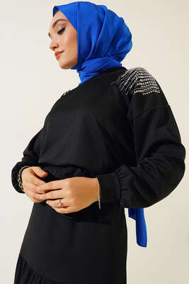 Omuz Taşlı Etekli İkili Takım Siyah - İKİLİ TAKIM