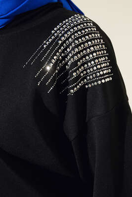 Omuz Taşlı Etekli İkili Takım Siyah - İKİLİ TAKIM