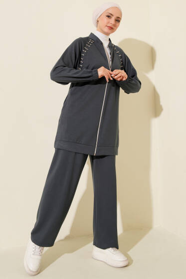 Omuz Taşlı Fermuarlı Loyşa İkili Takım Füme - İkili Takım