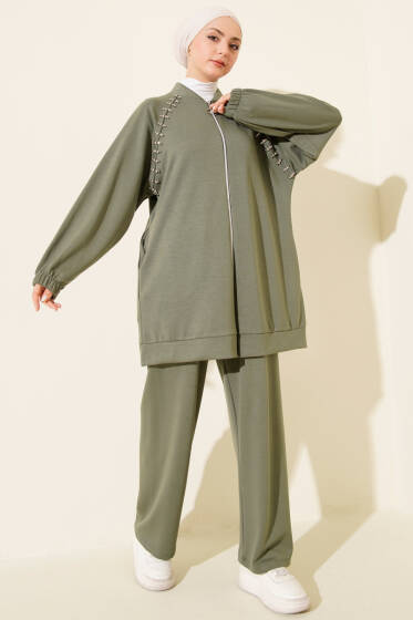 Omuz Taşlı Fermuarlı Loyşa İkili Takım Haki - İkili Takım