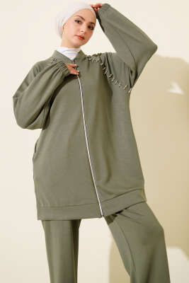 Omuz Taşlı Fermuarlı Loyşa İkili Takım Haki - İkili Takım