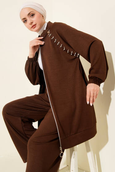 Omuz Taşlı Fermuarlı Loyşa İkili Takım Kahve - İkili Takım