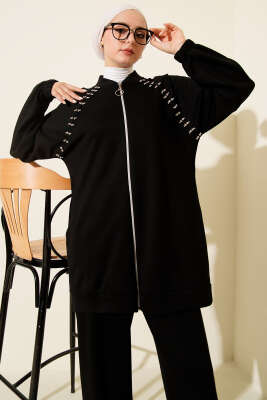 Omuz Taşlı Fermuarlı Loyşa İkili Takım Siyah - İkili Takım