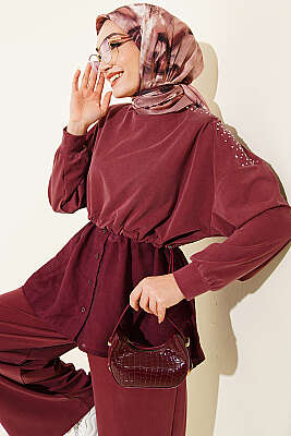 Omuz Taşlı Garnili İkili Takım Gül Kurusu - HATUN