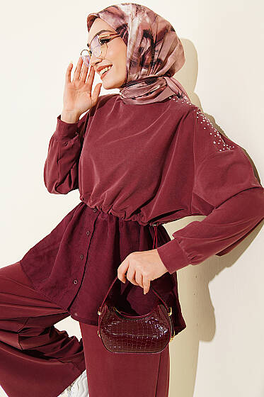 Omuz Taşlı Garnili İkili Takım Gül Kurusu - İkili Takım