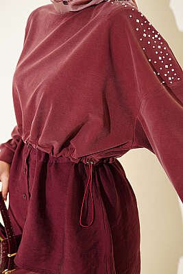 Omuz Taşlı Garnili İkili Takım Gül Kurusu - İkili Takım