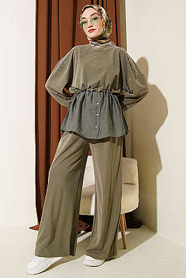 Omuz Taşlı Garnili İkili Takım Haki - İkili Takım