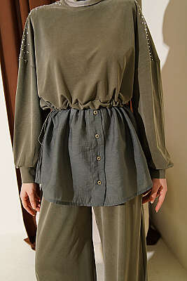 Omuz Taşlı Garnili İkili Takım Haki - İkili Takım