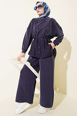 Omuz Taşlı Garnili İkili Takım Lacivert - HATUN