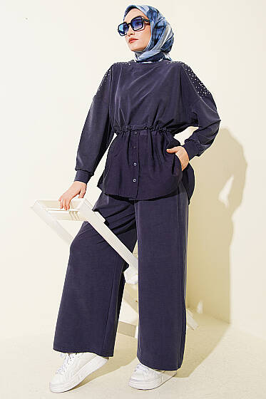 Omuz Taşlı Garnili İkili Takım Lacivert - İkili Takım