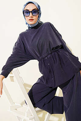 Omuz Taşlı Garnili İkili Takım Lacivert - İkili Takım