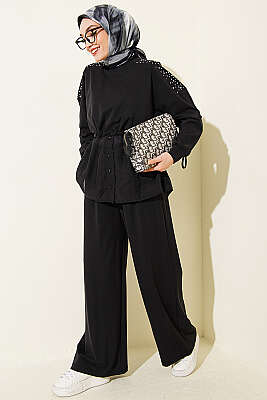 Omuz Taşlı Garnili İkili Takım Siyah - HATUN