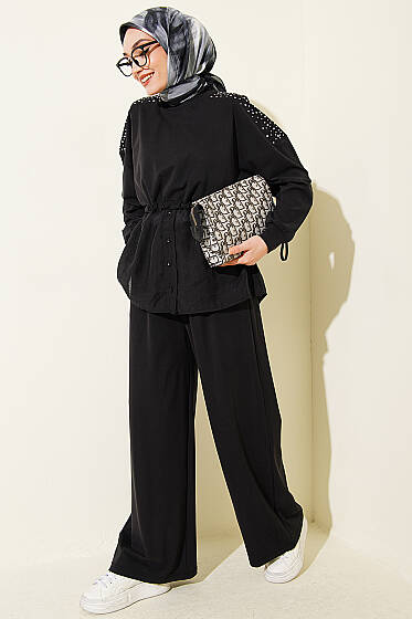Omuz Taşlı Garnili İkili Takım Siyah - İkili Takım