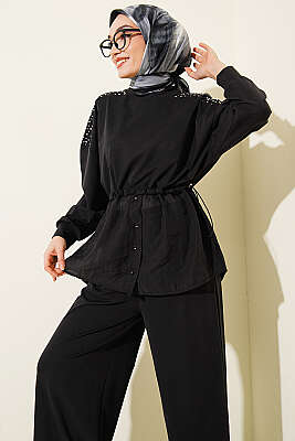 Omuz Taşlı Garnili İkili Takım Siyah - İkili Takım