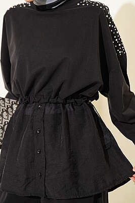 Omuz Taşlı Garnili İkili Takım Siyah - İkili Takım