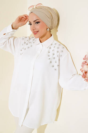 Omuz Taşlı Gizli Düğmeli Gömlek Ekru - Gömlek